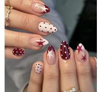 24PCS Wine Red Press On Nails - Almond Star & Polka Dot Retro Sweet Chic Nails - Glossy Romantic Statement Mixed Pattern for Women Daily Wear & Special Occasions