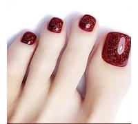 24PCS Wine Red Toenails Press On Set - Glossy Glitter Short Square Toe False Nails, Comfortable Stick On Toenail Extensions for Women Pedicure, Easy DIY Manicure Kit
