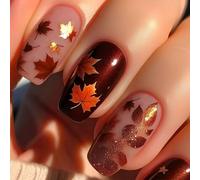24PCS Winter Maple Leaf Press-On Nails Glossy Almond Coffin Square Shapes with Jelly Adhesive for Reusable Application - Burgundy Red Brown Black Gold Short Medium Acrylic False Nails for Seasonal Art
