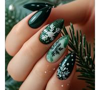 24Pcs Winter Press On Nails Green Glitter French Tip False Nails Snowflake Design Short Stick On Christmas Fake Charms Tips Holiday Manicure Accessories - Festive Press On Winter Snowflakes