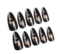 24Pcs Women's Gothic Black Long French Tip Press On Nails With Star Moon Designs Almond Shape Faux Nails Glues On Nails