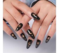 24Pcs Women's Gothic Black Long French Tip Press On Nails with Star Moon Designs Almond Shape Faux Nails Glues On Nails
