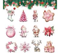 24pcs Wooden Christmas Tree Ornaments Pink Christmas Decorations Hanging Pendants Xmas Tree Decorations Set for Home Decor Party Supplies (12 Styles)