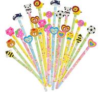 24PCS Wooden Graphite Pencils with Animal Eraser Toppers, Non Slip Multicolor Pencils with Rubbers for Kids, School Class Gifts, Butterfly Birthday Return Gifts, Party Bag Fillers Set