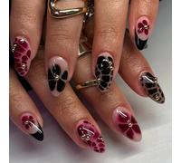 24PCS Y2K Press on Nails,Medium Almond with Flower Figure Design False Nails,Cool French Tip with Rhinestone Decorate Fake Nails,Glossy and Full Cover Acrylic Nails for Women