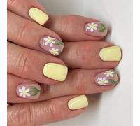 24pcs Yellow Artificial Nails Short Square Full Cover Faux Glossy Stick On Sweet Flower Press On
