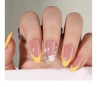 24PCS Yellow French Tip Press-On Nails with 3D Floral Design - Elegant Almond Shape with Crystal Embellishments Fake Nail for Chic & Stylish Art for Women Everyday Wear
