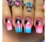 24pcsPress on Nails Full Covers False Nails with Seaside and Coconut Tree Fingernails for Travel
