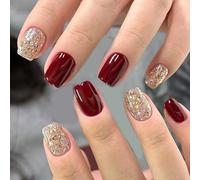 24Piece Glossy Bordeaux Shimmers Press On Nails Short Almond Shape For Winter Holiday Fake Nails Easy Application Wine Red Glitters Press On Nail