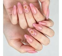 24Pieces Acrylic Presses on Nails Romantics Floral 3D Design False Nails Oval Shape Easy Apply Art French Fashion Presses on