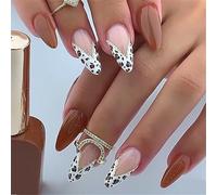 24Pieces Almond Shape Brown Press On Nails French Tip False Nails with V Shape Animal Print Designs for Casual or Party