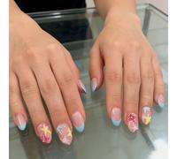 24Pieces Blue French Tip Artificial Nails False Nails Short Oval Design with Fish Art for Holiday Party Permanent ABS False Hoofs