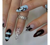 24Pieces Blue Star Pattern Glossy Finish Almond Shape Reusable Fake Nails Comfortable Fit For Beginners Light Blue Striped Star Polkas Dot Press On Nail