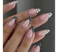 24Pieces/ Box Holiday Fake Nails French Tip Polkas Dots Design Full Cover Press On Nails Long Lasting Party Daily Wear White
