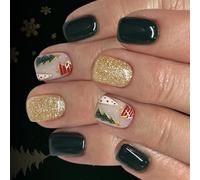 24Pieces/Box Holiday Fake Nails Golden Glitters Design Full Cover Long Lasting Matte Green Party Wear Christmas Press On Nail Gold Glitters