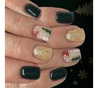 24Pieces/Box Holiday Fake Nails Golden Glitters Design Full Cover Press On Nails Long Lasting Matte Green Party Wear Christmas Press On Nail Gold Glitters
