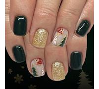 24Pieces/Box Holiday Fake Nails Golden Glitters Design Full Cover Press On Nails Long Lasting Matte Green Party Wear Christmas False Nail