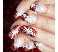 24Pieces Christmas False Nails Red Glitters Snowflakes French Design Press on for Holiday Parties Festive Event Red Snowflake Press on