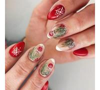 24Pieces Christmas Themed Matte Red Green Leaves Pattern False Nails ABS Construction Easy Application Christmas Tree Fake Nail ABS