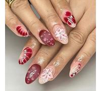 24Pieces Christmas Themed Wine Red Floral Pattern False Nails ABS Construction Easy Application Resin False Nail