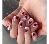 24Pieces Easy Apply False Nails with Textured Glitters Hearts French Design Multiple Sizes for Various Hands Wine Red Glitters