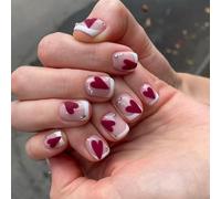 24Pieces False Nails Featuring Textured Glitters Heart French Styles in Red Wine and White Colors Easy to Apply Comfort Fake Nail