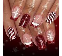 24Pieces Festival Glitters Christmas French Tip Stripes Design Easy Application Light ABS Build Snowflake Nails Art