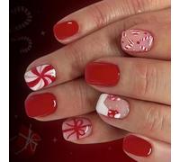 24Pieces Festive False Nails Holiday Candy Cane Glitters Snow Art Easy to Apply Press on ABS Manicure for Women False Short Almond