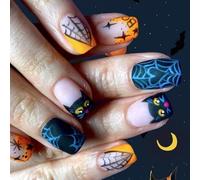 24Pieces French Tip Press On Nails Cobweb Design Dark Bat Glittering ABS For Halloween Event Dark Halloween Faux Nail