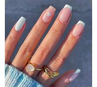 24Pieces French Tip Square Shape Press On Nails Cats Eye Faux Nails with Heart Designs for Valentines Day or Parties
