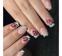 24Pieces Glitters Fake Nails Black Stripes Wine Red Flower Design Reusable Manicure Set For Daily Or Evening Burgundys Glitters Press On Nail Multi Size Kit