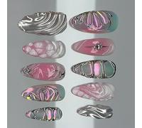 24Pieces Glossy False Nails Featuring Waves Silver Icy Butterfly Pearls Effect Easy Application Design Multi Size Nails