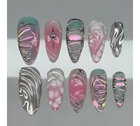 24Pieces Glossy False Nails Featuring Waves Silver Icy Butterfly Pearls Effect Easy Application Design False Nail