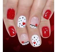24Pieces Glossy Red Glitters French Manicure Presses On Nails Short Square Shape Easy Application Square Fake Nail With Rhinestones