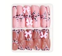24Pieces Glossy Short Length Animal Pattern Square Shape False Nails with Bows for Women Art French Tip Press on