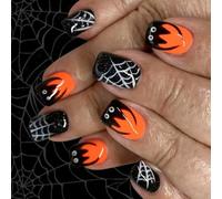 24Pieces Halloween Artificial Tips Sparkling Cobweb Pattern Short Square Press On Tips French Floral Party Fingernails Glossy Party Nail