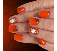 24Pieces Halloween Nails Art Cobweb Skeleton Print ABS False Nails Without Application Tools Long Lasting Pumpkin-coloured Halloween Nail