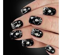 24Pieces Halloween Nails Art Cobweb Skeleton Print ABS False Nails Without Application Tools Long Lasting Black Glittering Faux Nail