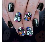 24Pieces Halloween Nails Art Cobweb Skeleton Print ABS False Nails Without Application Tools Long Lasting Gothic Bat Glittering Fake Nail