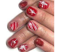 24Pieces Holiday Glitters False Nails Red Snowflake Patterns Square Tip Nails Art For Christmas Parties Event Halloween Fake Nail ABS Easy Apply Party Women