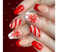 24Pieces Holiday Press On Nails French Glitters Santa Snowflake Art Christmas Fake Nails For Women Party Manicure Striped Gift Ribbon Fake Nail