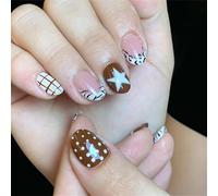 24Pieces Long Lasting False Nails Coffee Brown Animal Print Geometric Patterns Star Motifs Easy Application Art French Leopards Press on