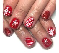 24Pieces Press on False Nails Red Glitters Snowflake Holiday Designs Square Tip Accessories Easy to Apply for Women Press on Christmas Designs Glitters Short Square