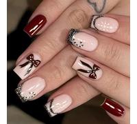 24Pieces Red Bows Pattern False Nails Easy To Apply Comfort Fit For Various Event Durability Manicure Set Red Bows Press On Nail