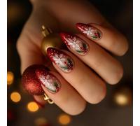 24Pieces Red Snowflake Design Press On Nails Almond Shape ABS Hypoallergenics Quickly Fit For Holiday Celebrations Snowflake Red Almond Press On Nail
