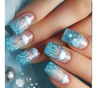 24Pieces Square False Nails Mediums Long Frosted Blue Marine Life Design For Travelers Students Friendly Press On Nail Jellyfish Square Bridal