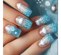 24Pieces Square False Nails Mediums Long Frosted Blue Marine Life Design Press on for Travelers Students Blue Ice Translucent Square Press on ABS