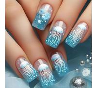 24Pieces Square False Nails Mediums Long Frosted Blue Marine Life Design Press On Nails For Travelers Students Blue Ice Translucent Square Press On Nail ABS