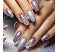 24Pieces Square Press On Nails Long Gradients Purpled Shimmery False Nails With Flower Designs For Casual Or Party