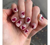 24Pieces Textured Glitters Heart French Styles Presses on Nails in Red Wine and White for Easy Application with Multiple Sizes Party False Nails